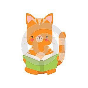 Cute Red Cat Reading Book, Adorable Smart Pet Animal Character Sitting with Book Vector Illustration