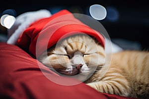 A cute red cat in a Santa hat sleeps on the bed. Christmas card, calendar, pet