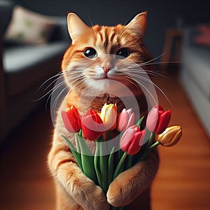 A cute red cat smiles and holds tulip flowers in his paws. Card for Marteri\'s day, birthday