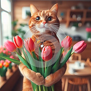 A cute red cat smiles and holds tulip flowers in his paws. Card for Marteri\'s day, birthday