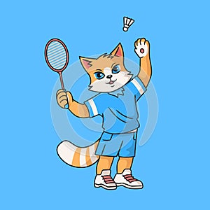 Red cat in sports uniform playing badminton. Cartoon vector character for children