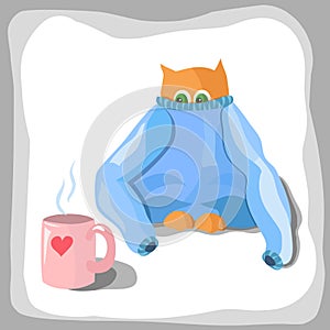 Cute red cat in sweater with cup of tea