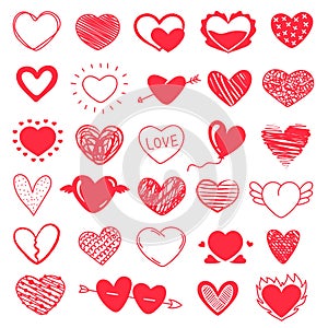 Cute red doodle hearts, hand drawn heart scribbles. Valentine day hearts with wings or arrow, love symbol grunge sketches vector