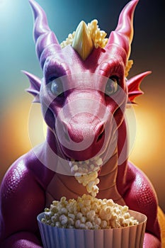 Cute red dragon eats popcorn and watches a movie