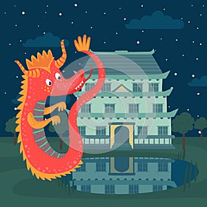 Cute red dragon next to a castle at night, fairy tale story for children vector Illustration