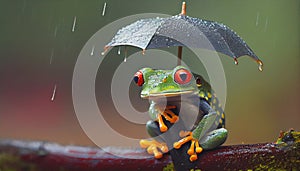 Cute Red eyed green tree fog with umbrella