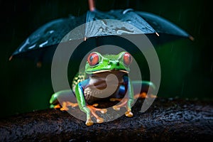 Cute Red eyed green tree frog with umbrella. Realistic ilustration. Generative ai