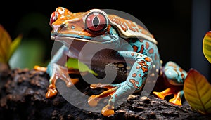 A cute red eyed tree frog sitting on a green leaf generated by AI