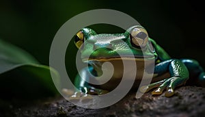 A cute red eyed tree frog sitting on a green leaf generated by AI