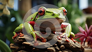 Cute red eyed tree frog sitting on wet branch, looking curious generated by AI