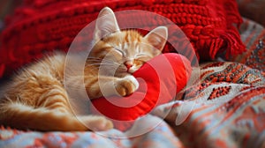 Cute red fluffy cat lies on a furry blanket, sleeping, with a red heart
