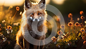 Cute red fox puppy sitting in grass, looking at camera generated by AI