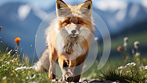 Cute red fox puppy sitting in grass, looking at camera generated by AI