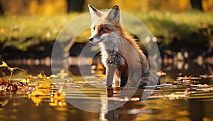 Cute red fox sitting in autumn forest, looking alert generated by AI