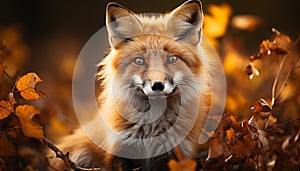 Cute red fox sitting in autumn forest, looking at camera generated by AI