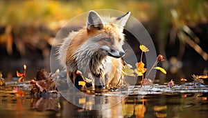 Cute red fox sitting in autumn forest, looking at you generated by AI