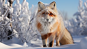 Cute red fox sitting in snow, looking at camera generated by AI