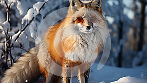 Cute red fox sitting in snow, looking at tree generated by AI