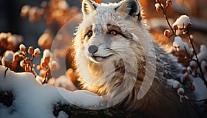 Cute red fox sitting on snowy branch, looking away generated by AI