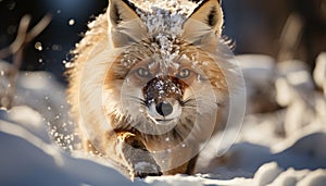 Cute red fox in snow, looking at camera, fluffy tail generated by AI