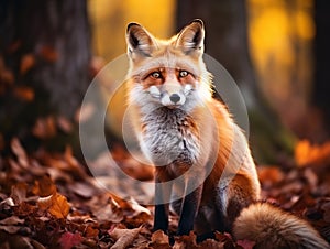 Cute Red Fox, Vulpes vulpes, fall forest. Beautiful animal in the nature habitat. Orange fox, detail portrait, Czech