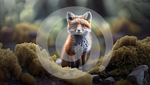 Cute Red Fox, Vulpes vulpes in mistery forest. Beautiful animal in the nature habitat. Wildlife scene from the wild