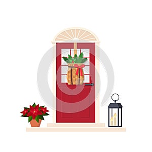 Cute red front door with Christmas decoration , isolated on white background