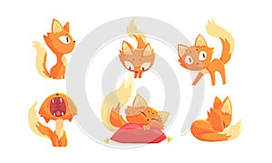 Cute Red and Ginger Cartoon Cat Character Expressing Different Emotions Vector Set