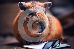 Cute red guinea pig with glasses and phone. Generative AI.