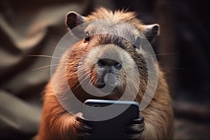 Cute red guinea pig with glasses and phone. Generative AI.