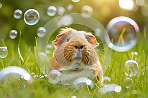 Cute red guinea pig play with bubbles on green grass in the garden. Playing with pets concept