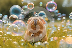 Cute red guinea pig play with bubbles on green grass in the garden. Playing with pets concept