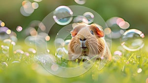 Cute red guinea pig play with bubbles on green grass in the garden. Playing with pets concept