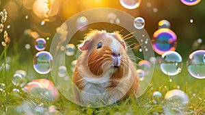 Cute red guinea pig play with bubbles on green grass in the garden. Playing with pets concept