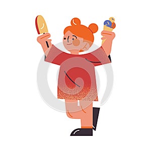 Cute red-haired girl in a red dress holding ice cream in raised hands. Vector illustration in the flat cartoon style