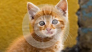 Cute red-haired kitten. Domestic animal. Adorable little cat. Yellow wall