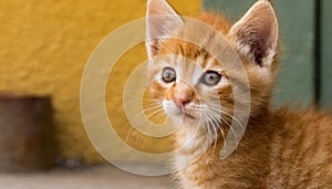 Cute red-haired kitten. Domestic animal. Adorable little cat. Yellow wall