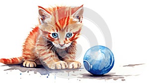 Cute red-haired kitten plays with a blue ball. Illustration aquarelle of a playful cat on white background. AI Generated