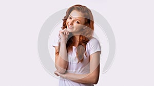 Cute Red-Haired Teen Girl Posing Smiling To Camera, White Background