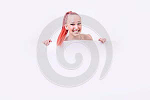 Cute red haired woman with a white banner