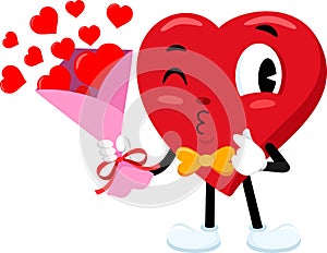 Cute Red Heart Retro Cartoon Character Holding Gift Bouquet And Sends Kisses