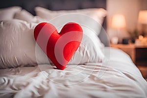 Cute red heart on a white bed, blurred background.