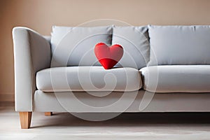 Cute red heart on a white sofa, blurred background.