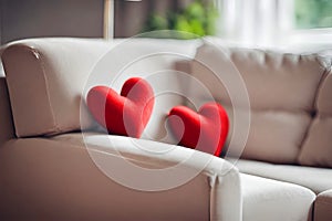 Cute red heart on a white sofa, blurred background.