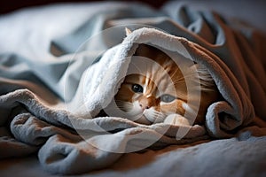 Cute red kitten cuddles up with a white blanket