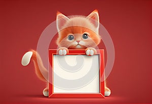 Cute red kitten holding a blank frame with copy space on a gradient background. Generate Ai.