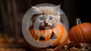 Cute red kitten sitting in the jack pumpkin. Generated AI