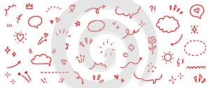 Cute red line icon sketch element. Hand drawn red line sketch text decoration star sparkle, arrow, heart element set