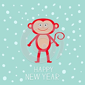 Cute red monkey on snow background. Happy New Year 2016. Baby illustration. Greeting card Flat design