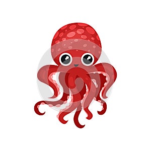 Cute red octopus with big shiny eyes. Soft-bodied mollusk with seven tentacles. Sea and ocean theme. Flat vector icon